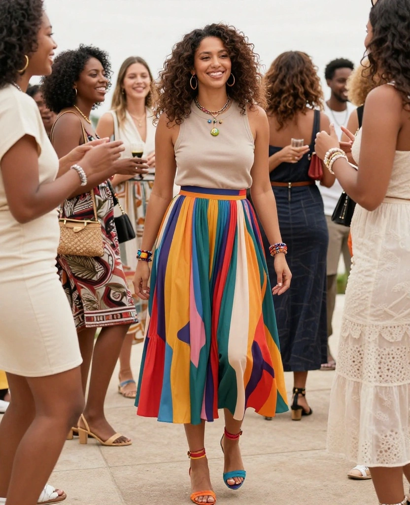 30 Chic Skirt Outfit Ideas to Elevate Your Style for Every Occasion - 11. Bright and Bold with a Colorful Midi Skirt 1