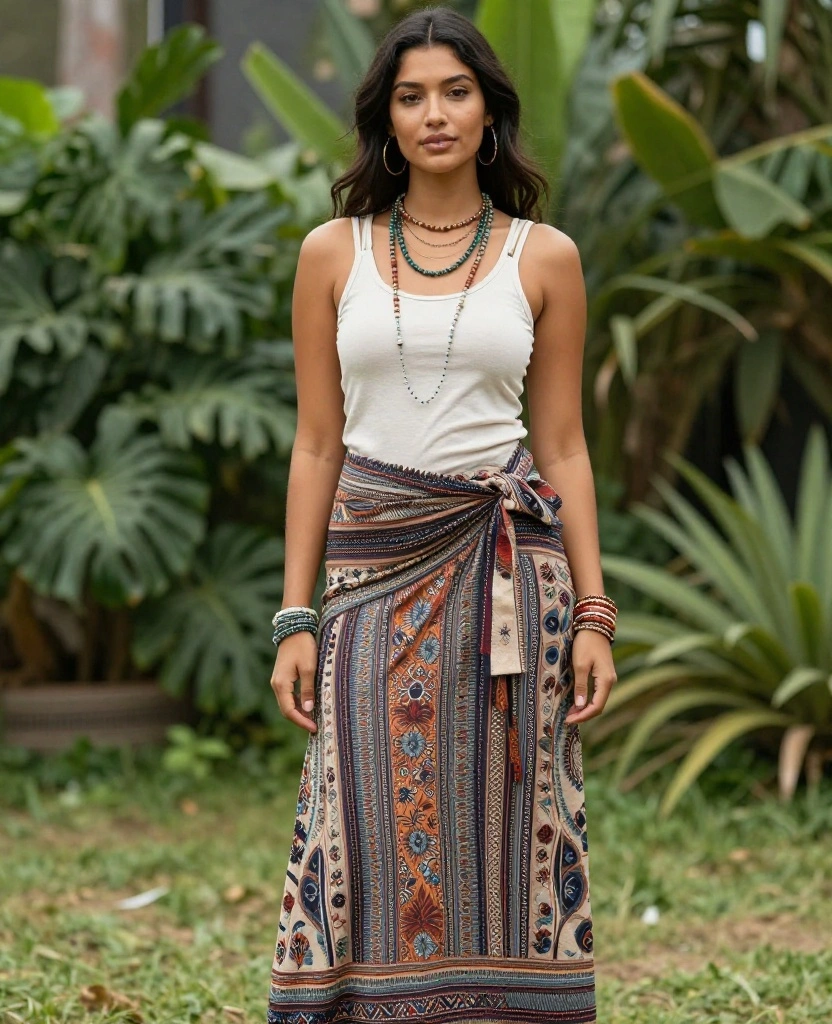 30 Chic Skirt Outfit Ideas to Elevate Your Style for Every Occasion - 7. Trendy Bohemian Look with a Maxi Wrap Skirt 1