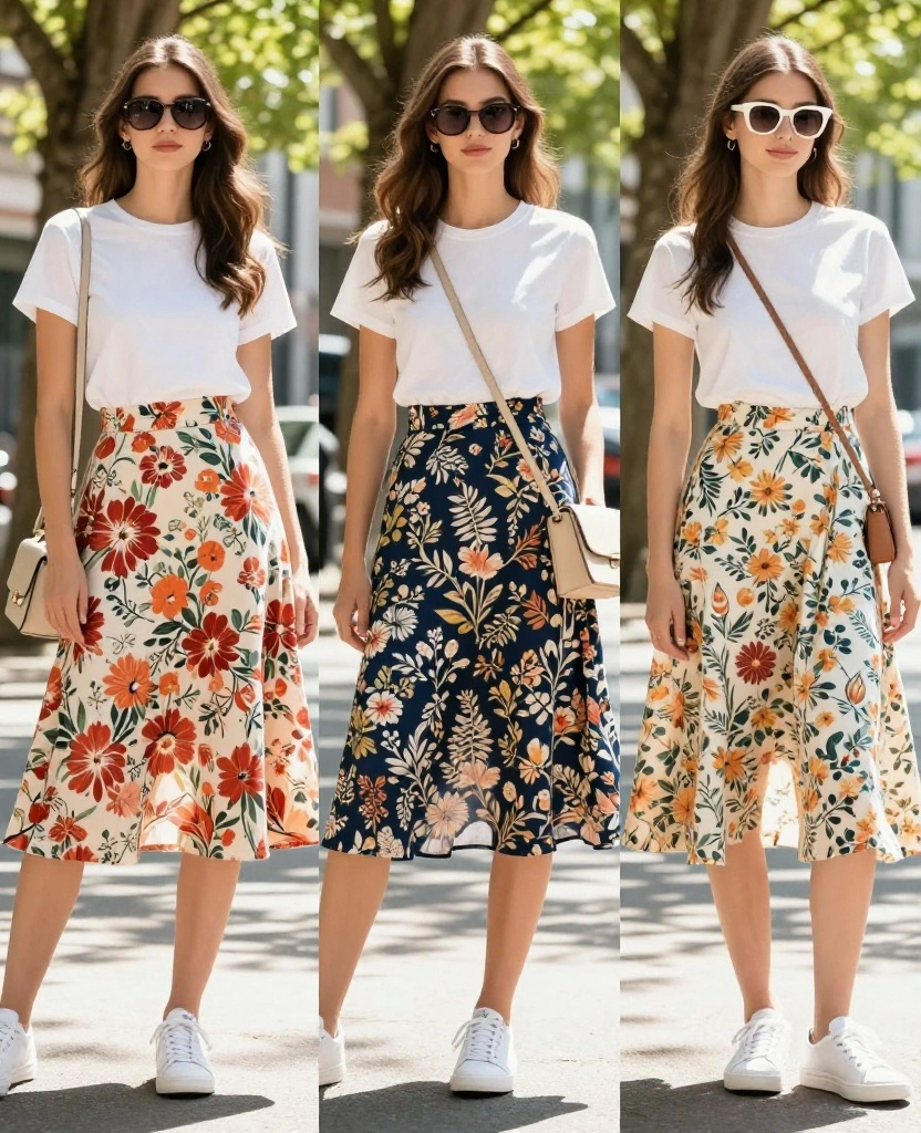Chic Ways to Style a Skirt with Sneakers for Effortless Everyday Glam - 1. Flirty Floral Skirt with Classic White Sneakers 1