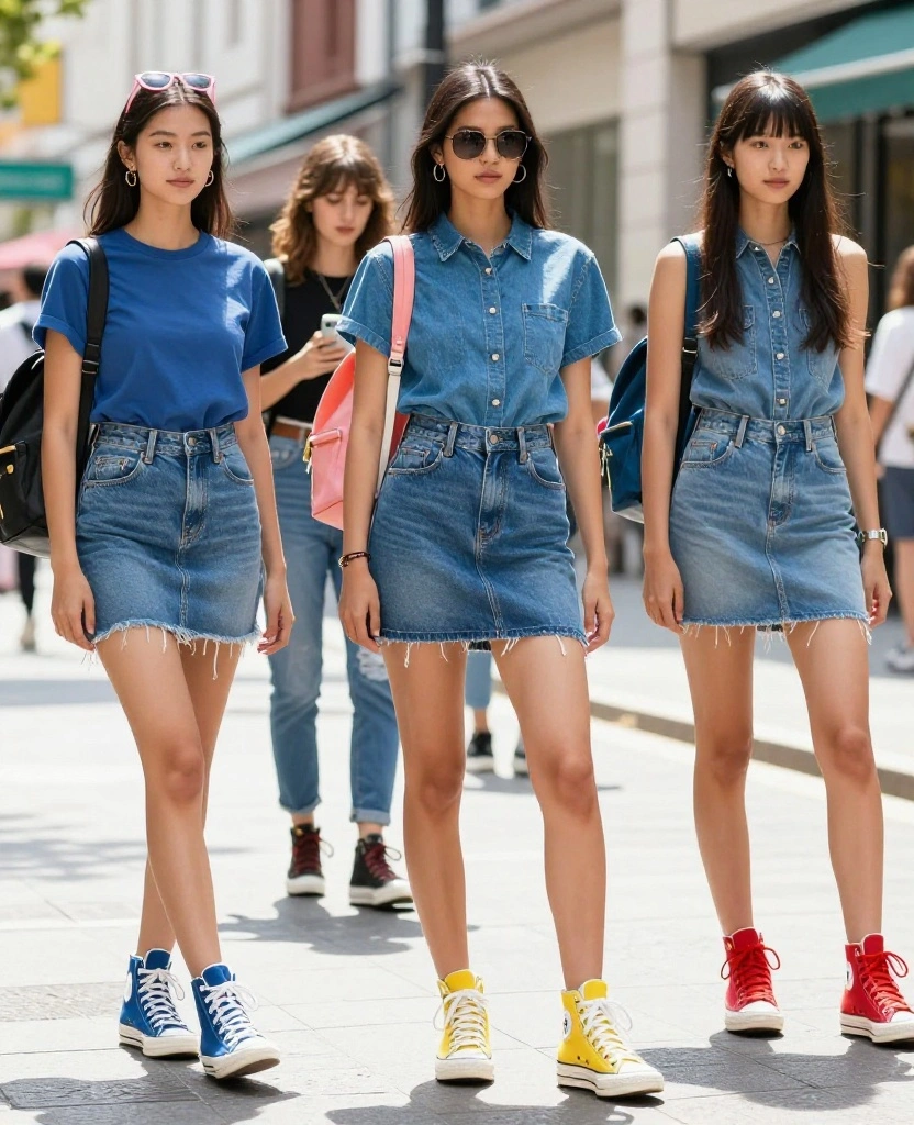 Chic Ways to Style a Skirt with Sneakers for Effortless Everyday Glam - 2. Chic Denim Skirt with Colorful High-Top Sneakers 1