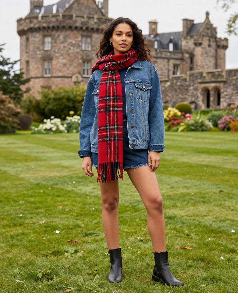 10 Stylish Scotland Outfits for August That Will Turn Heads! - 2. Tartan Scarf and Denim Jacket Combo 1