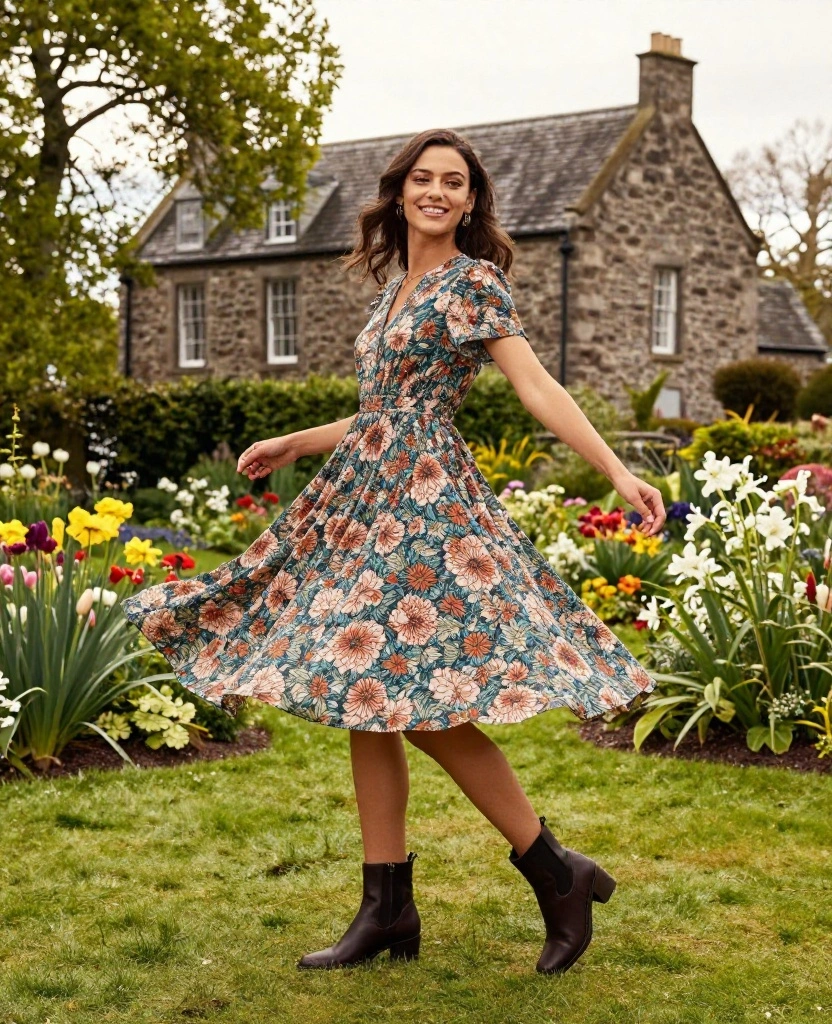10 Stylish Scotland Outfits for August That Will Turn Heads! - 4. Flowy Midi Dress with Ankle Boots 1