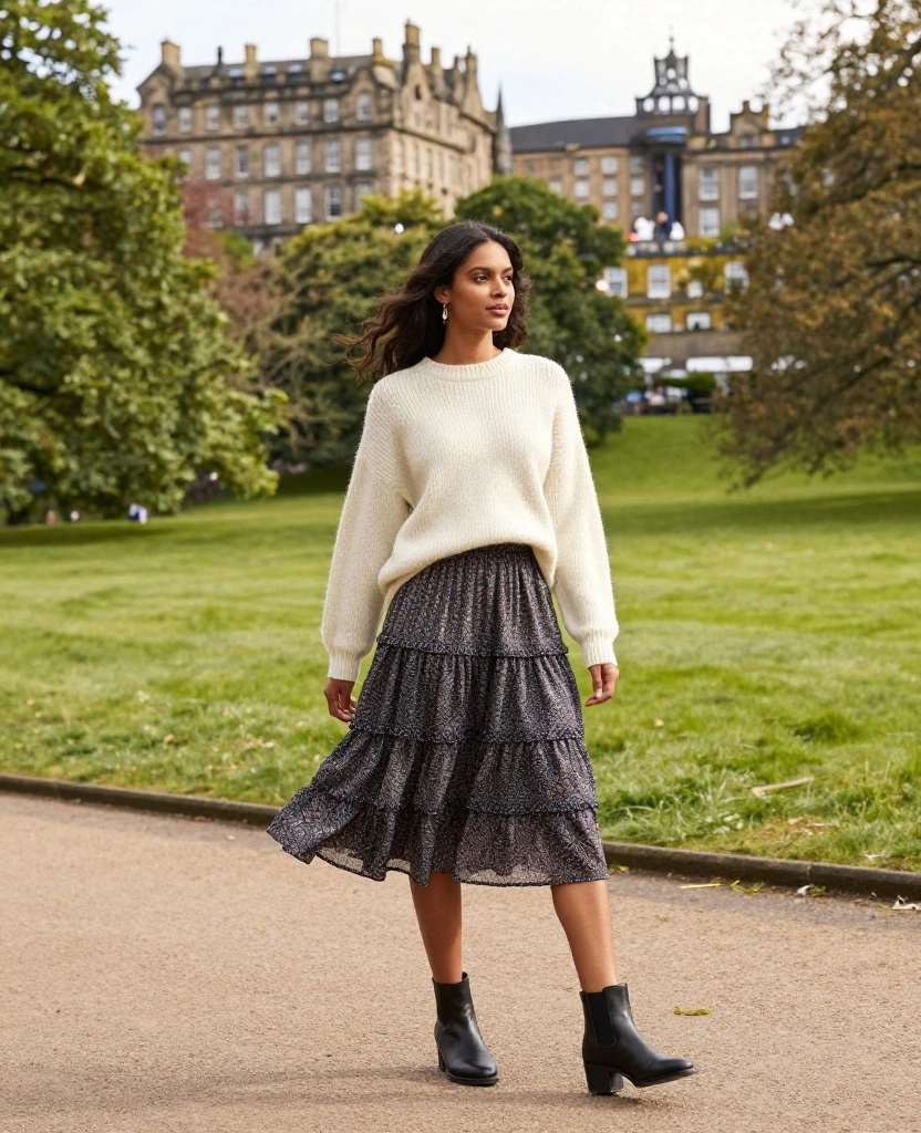 10 Stylish Scotland Outfits for August That Will Turn Heads! - 6. Layered Midi Skirt with Knit Sweater 1